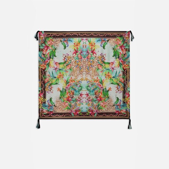 Johnny Was Miller Tigre Scarf Silk White Floral Tassel Scarves